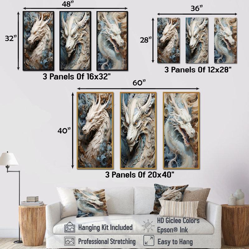 «Epic Blue and Gray Dragon Odyssey - Dragons», ensemble de 4 reproductions d'art sur toile, Cadre flottant blanc