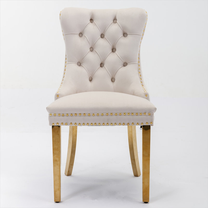 Velvet Upholstered Side Chair with Nailhead Trim, Solid Wood Frame, Linen Beige, Set of 2