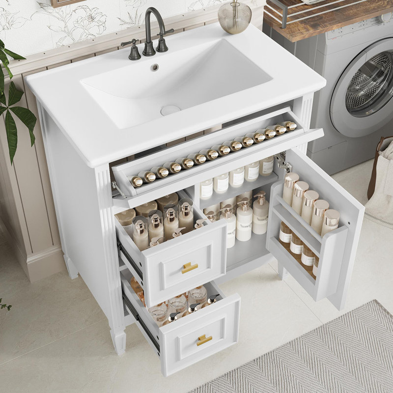 30" freestanding bathroom vanity with ceramic sink, White