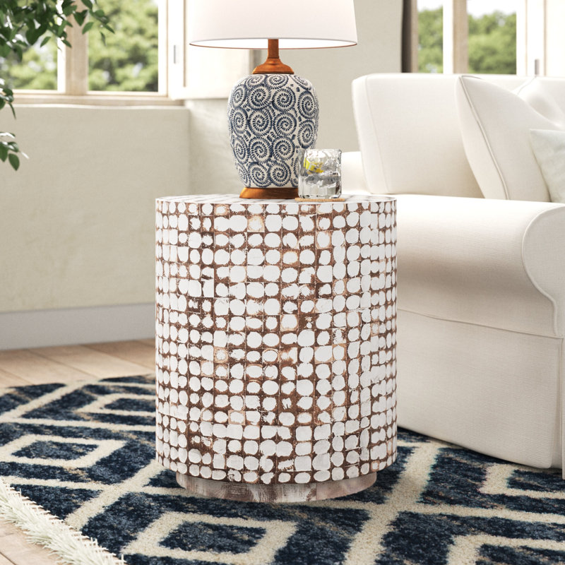 Coastal Breeze White Coconut & Wood Mosaic Round Table 16"