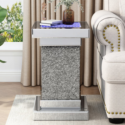 Silver Square Mirrored End Table with LED lights, Modern Side Table with Crushed Diamond for Living Room, No Assembly Required