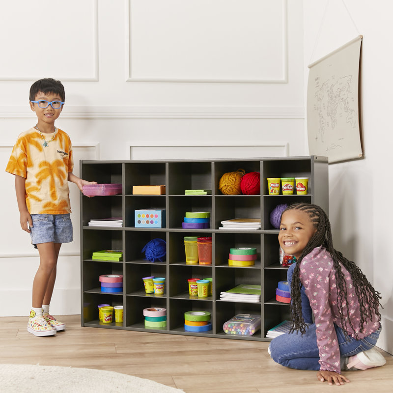 Grey Wash 25-Cubby Kids Storage Cabinet with Birch Plywood