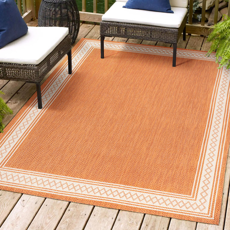 Cityside Classic Diamond Border Orange/Cream Indoor/Outdoor Rug, Rectangle 3'11" x 6'