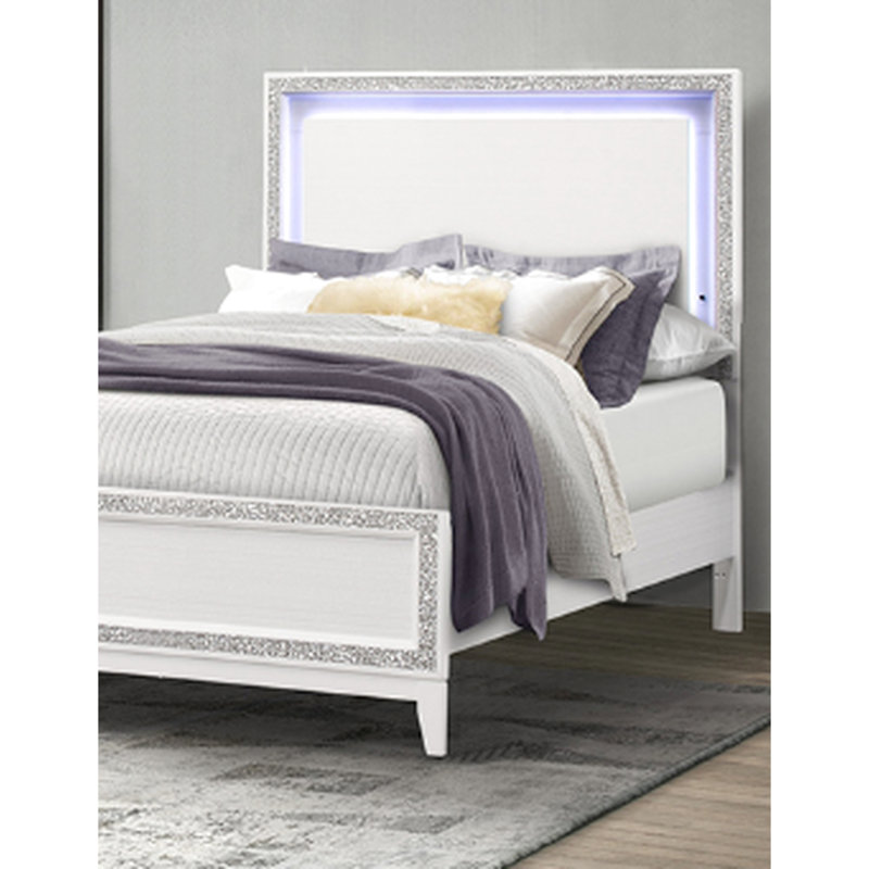 Lit double blanc transitionnel avec garniture de cristal concassé et structure en bois d'hévéa