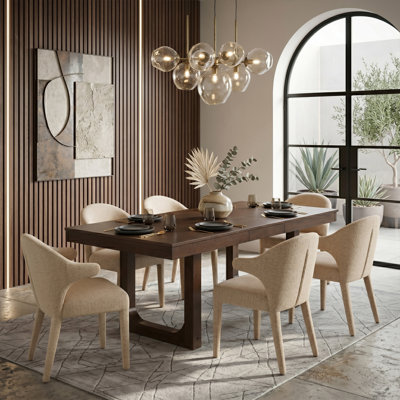 7-Piece Mid-Century  Extendable Rectangular Wood Dining Set With 6 Upholstered Armchairs