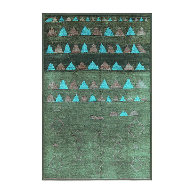 Tapis turquoise / bleu en laine tissé à la machine Dequinn, Rectangle 8 pi x 10 pi