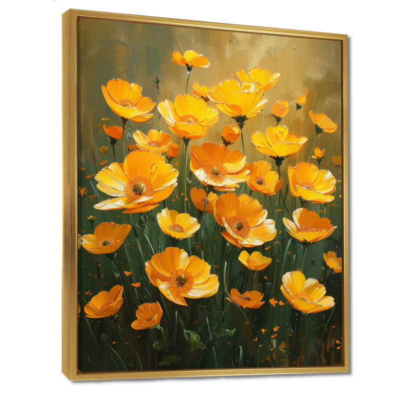 Reproduction d'art mural jaune et vert Sunlit Meadow VII - Bouton d'or, Toile avec cadre flottant or