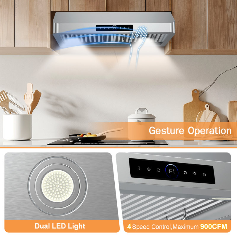 30 Inch Under Cabinet Range Hood 900cfm, 4-speed Smart Vent Hood With Touch Sensor,  Dual Led Lights, Baffle Filters Ducted