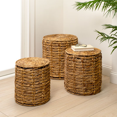 Zaria 18" Coastal Handwoven Natural Water Hyacinth Round Nesting Accent Tables, Set of 3 Woven Side & End Tables with Metal Frame