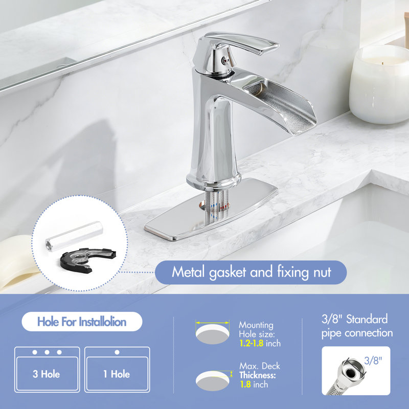 Chrome Waterfall Bathroom Faucet With Pop-Up Drain And Deck Plate - Single Handle Bathroom Faucet