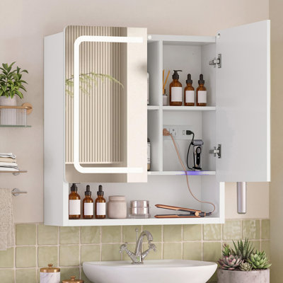 Medicine Cabinet with LED  Mirror, Charging Station, 2 Doors and Hair dryer holder for Bathroom, White
