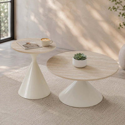 Ensemble de deux tables basses rondes, plateau à motifs et piètement en acier, table basse multifonctionnelle et élégante