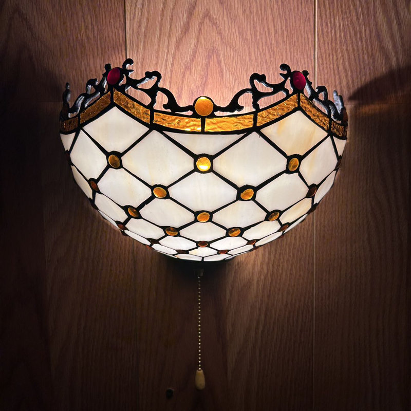 Simonson Tiffany Wall Sconces Half Moon Beige Stained Glass Pull Chain Switch LED Bulb 12"W*6"D*7"H