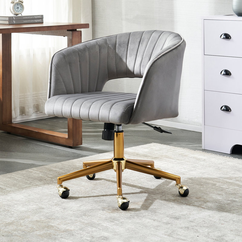 Modern White Upholstered Office Chair - Adjustable Height, Gold Swivel Base With Wheels, Comfortable Desk and Chair For Bedroom, Home Office, Living Room and Study (Grey)