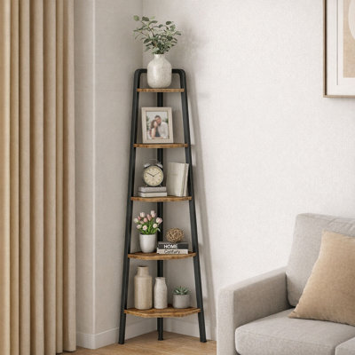 5-tier Ladder Corner Shelf, Tall Industrial Corner Bookshelf And Vertical Display Stand With Metal Frame, Rustic Brown And Black