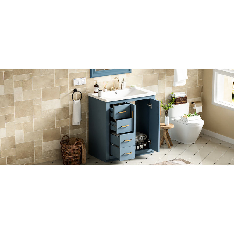 Meuble-lavabo en céramique 30 po. Bois massif et fabrication. Tiroir dissimulé. Meuble-lavabo Indigo Et beaucoup d'espace de rangement. Conception élégante. Finition. Essentiel