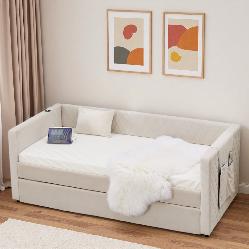 Lit de jour Diamond Grid Velvet, Beige