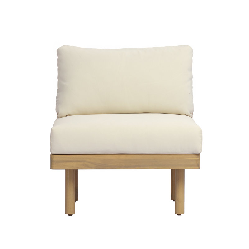 Chaise d'extérieur sans accoudoirs en bois d'acacia avec dossier en corde et coussin résistant aux intempéries