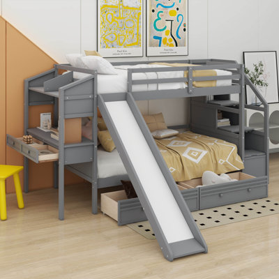 Twin Over Twin Bunk Bed With Storage Staircase, Slide And Drawers by Harriet Bee
