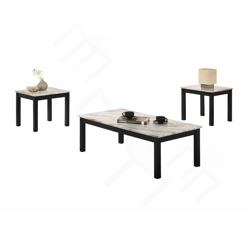 Magnifique ensemble de table basse en faux marbre blanc avec 1 table basse et 2 tables de bout et 3 tables basses avec pieds noirs