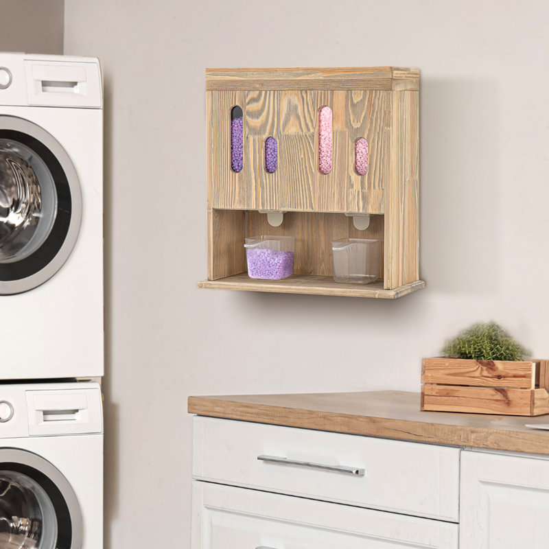 Wall-Mounted Wood Laundry Beads & Powder Detergent Dispenser With 2 Cups, Rustic Brown