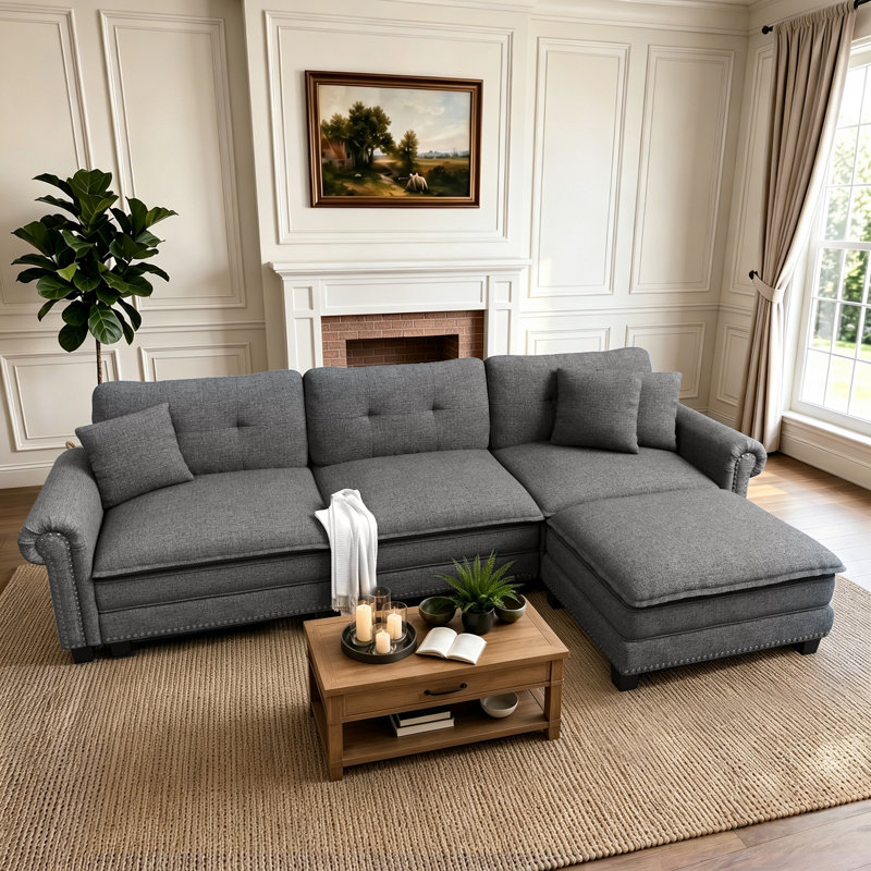 Canapé modulaire de 116 po avec repose-pieds modulaire avec repose-pieds profond en chenille ou aspect lin avec garniture cloutée de 116 po