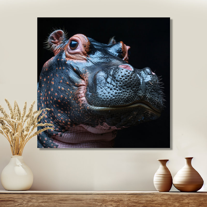 Décoration murale hippopotame sur fond noir II - Hippopotame animal, Toile tendue, H 16 po x l 16 po x P 1 po