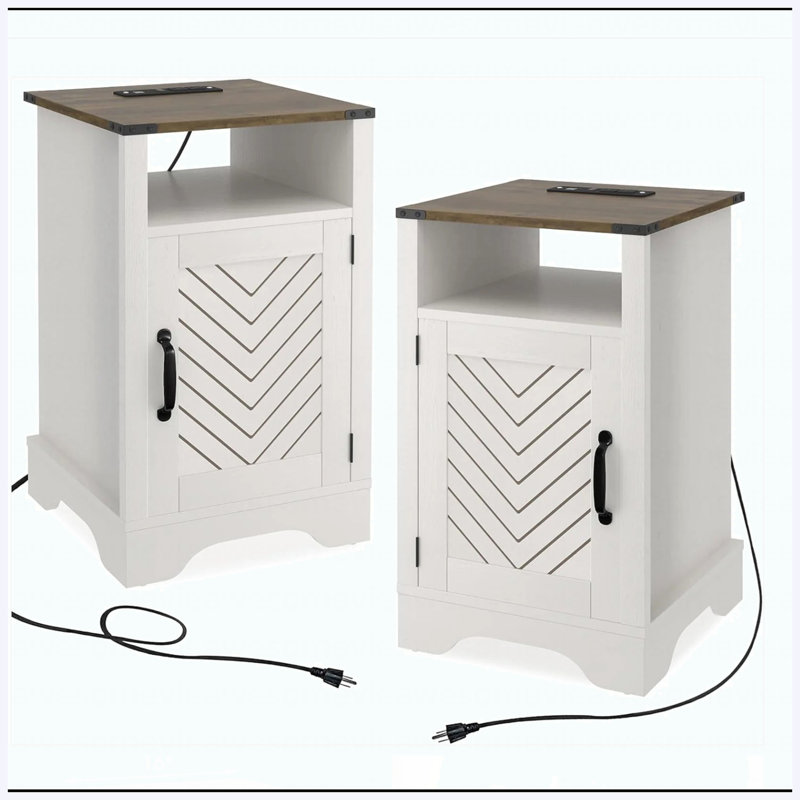 Ensemble de 2 tables de chevet campagnardes en chêne blanc et rustique de 16 po avec station de charge et rangement, tables de chevet de chambre à coucher rustiques, tables de bout de canapé