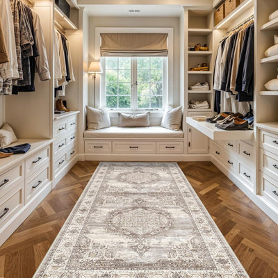 Tapis de couloir large: tapis rétro lavables et doux pour le salon, tapis résistant à l'eau avec envers antidérapant pour l'entrée, la cuisine, la salle à manger, le tapis de chambre de bébé et de salle de bain (beige)