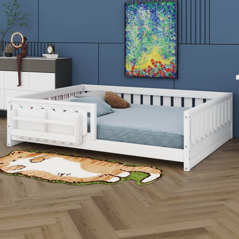 Full Size Platform Bed With Built-In Storage Shelves And Safety Guardrail For Kids Boys Girls, Full, White