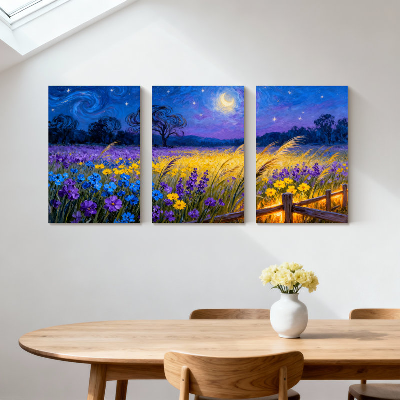 Abstrait nuit étoilée champ de fleurs, ensemble de 3 impressions sur toile, H 24 po x l 48 po
