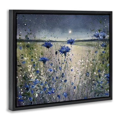 Moon over Blooming Flowers Black Framed Floater Canvas Wall Art by Jennifer Taylor Art