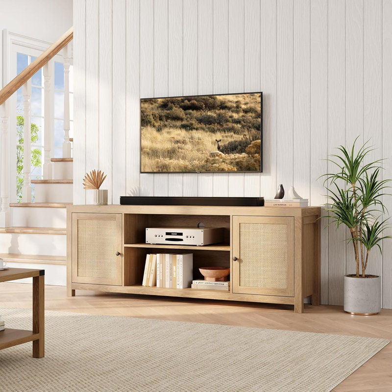 66'' Rattan TV Stand Up To 75 Inch, Boho Entertainment Center With Storage And Doors