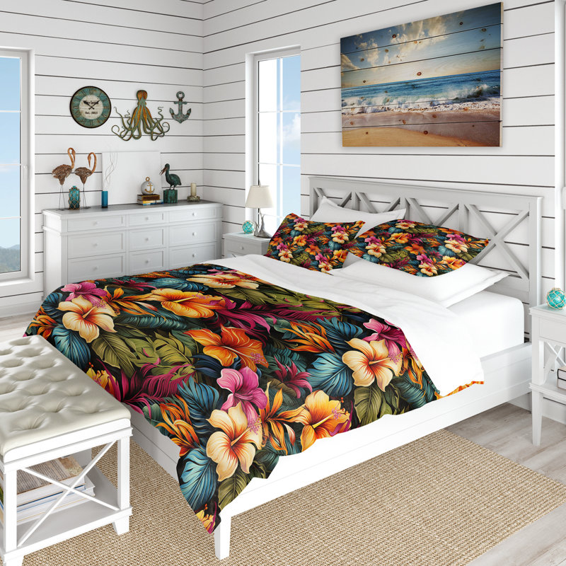 Ensemble de housse de couette multicolore Hibiscus, Housse de couette pour grand lit et 2 taies décor