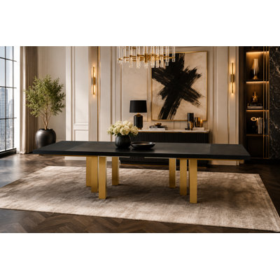 Table de salle à manger extensible Bravo avec 2 feuilles, plateau noir mat et base or mat