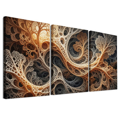 Ensemble de 3 toiles murales abstraites aux motifs fractals dorés et gris