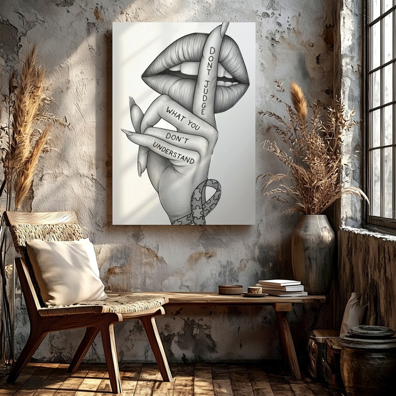 Noir et blanc, lèvres, citation à la main, impression, impression sur toile, impression sur toile, H 18 po x l 24 po