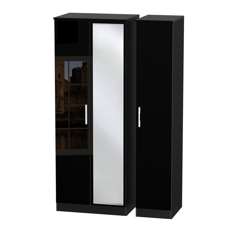 Yvette 3 Door Manufactured Wood Wardrobe, Black, 197 cm H x 111 cm W x 53 cm D