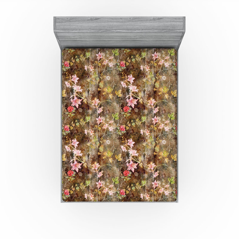 Drap-housse à motif floral Ambesonne, Corail caramel, moutarde / floral, Drap-housse de taille très grand