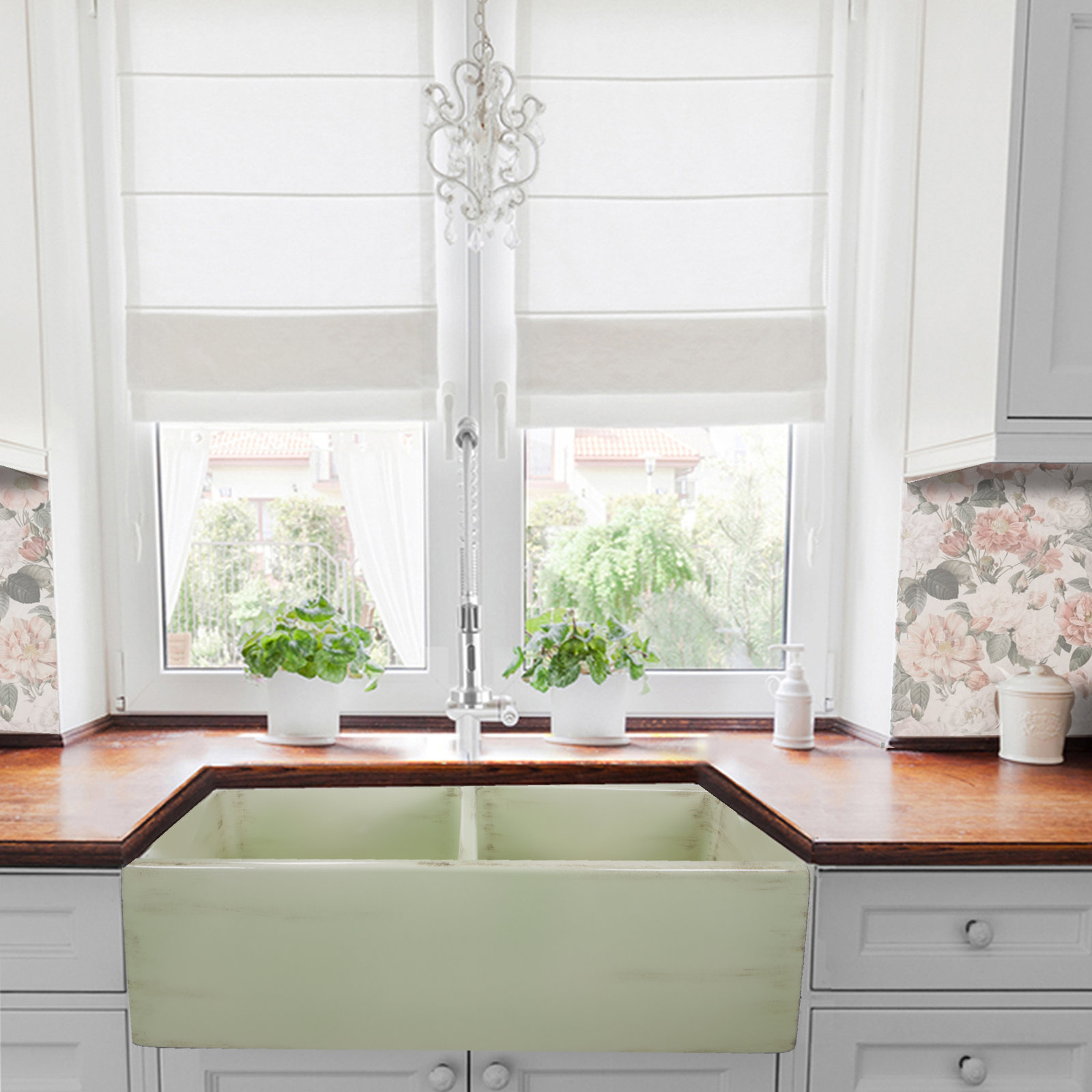Vineyard 33" Double Basin Farmhouse Kitchen Sink, Shabby Green