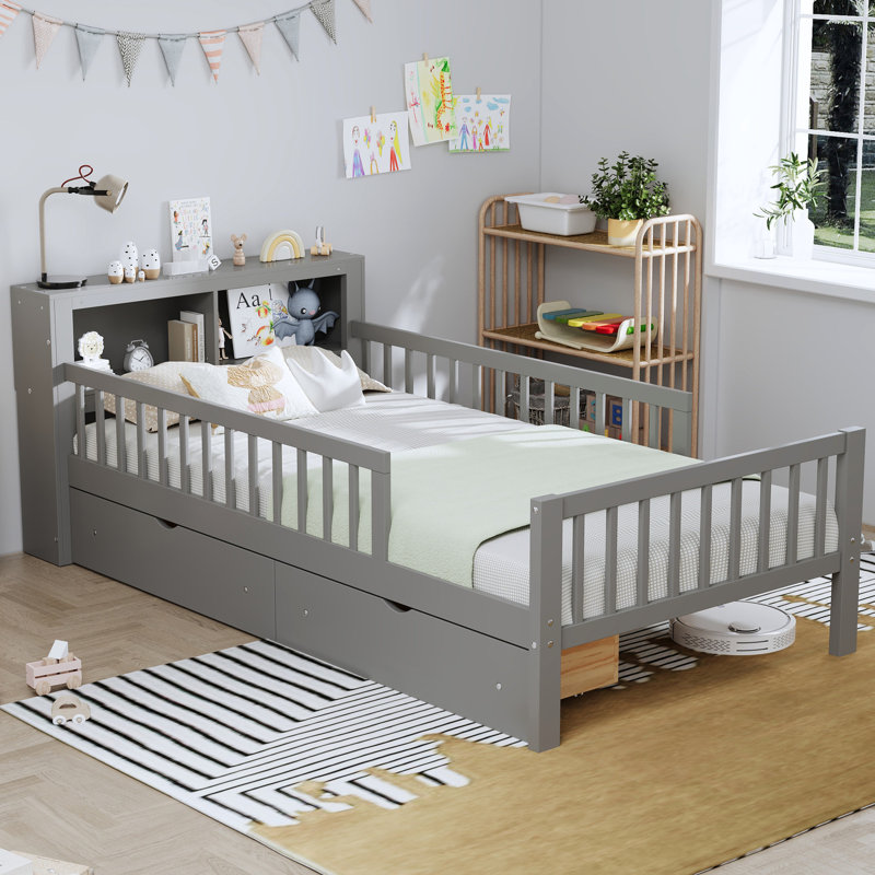 Lit simple gris avec tête de lit et options de rangement sécurisées, Gris