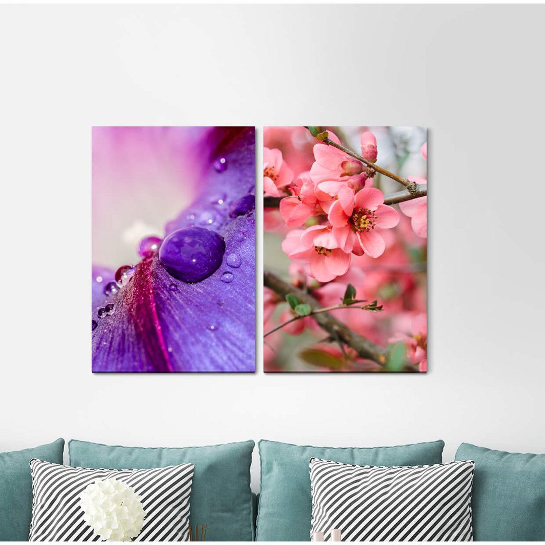 2-tlg. Leinwandbilder-Set Water Pearl Flowers Spring Raindrops Pink Violet