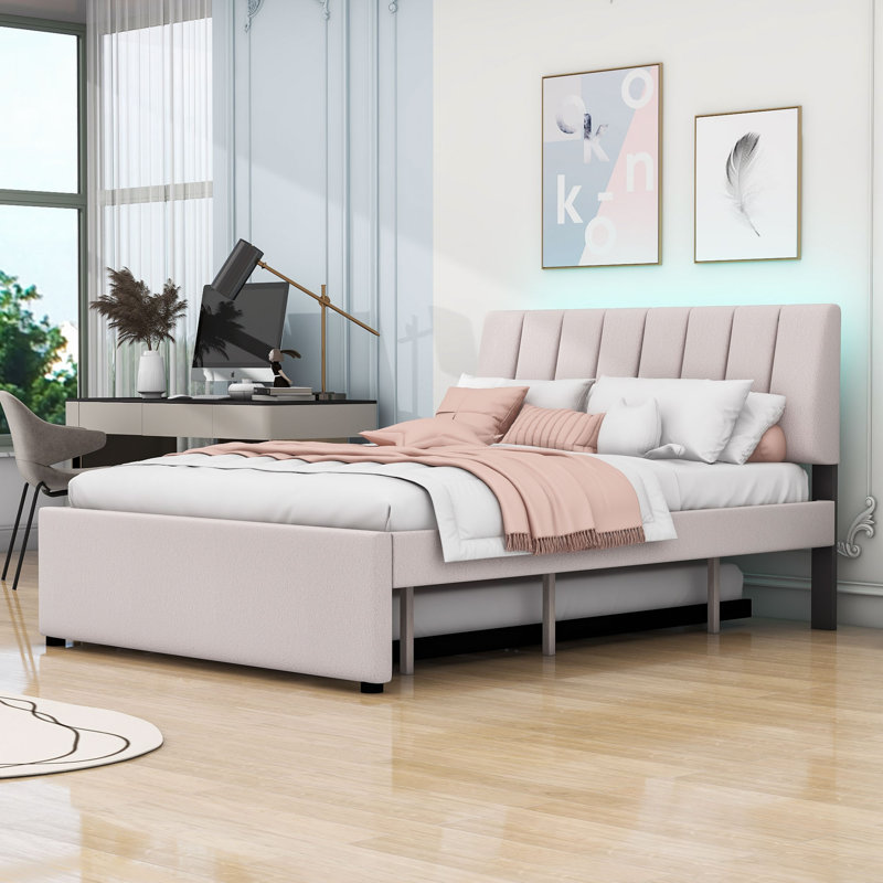 Lit plateforme tapissier avec panneau de particules et gigogne, Double, Beige