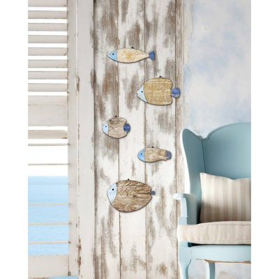 Ensemble de 5 pièces d'art mural de poisson en bois rustique - Sculpture océanique côtière pour chambre à coucher, salle de bain, salon et maison du lac - Beach Home Decor