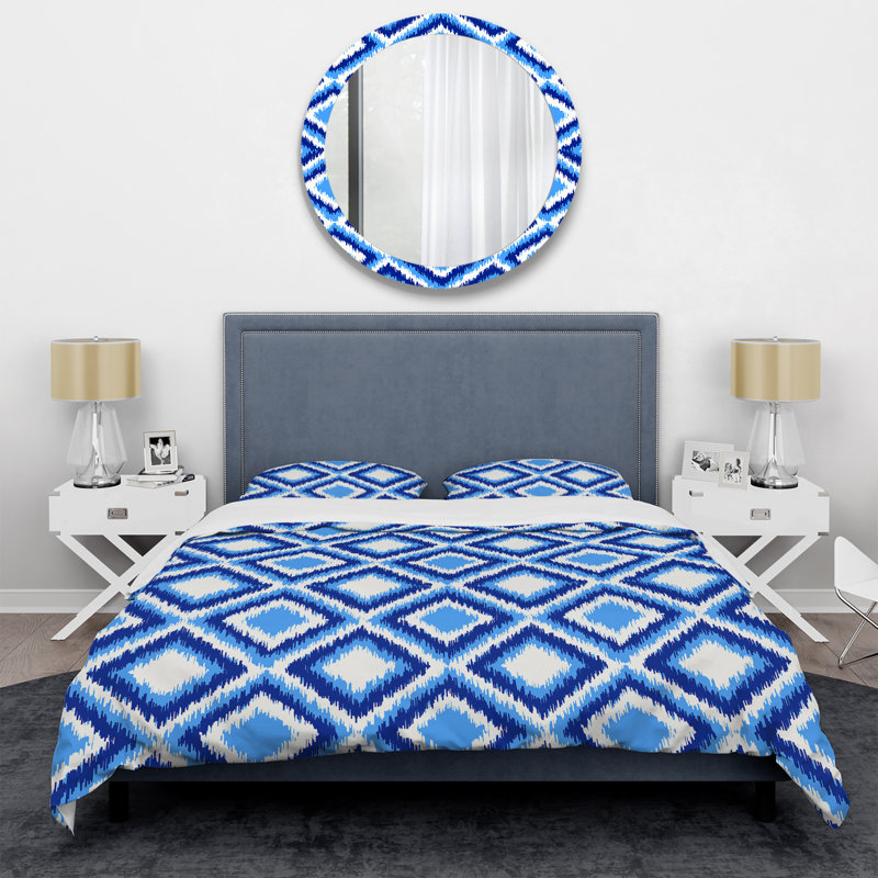 Blue Ikat Ogee - Ensemble de housse de couette abstrait - Microfibre de polyester