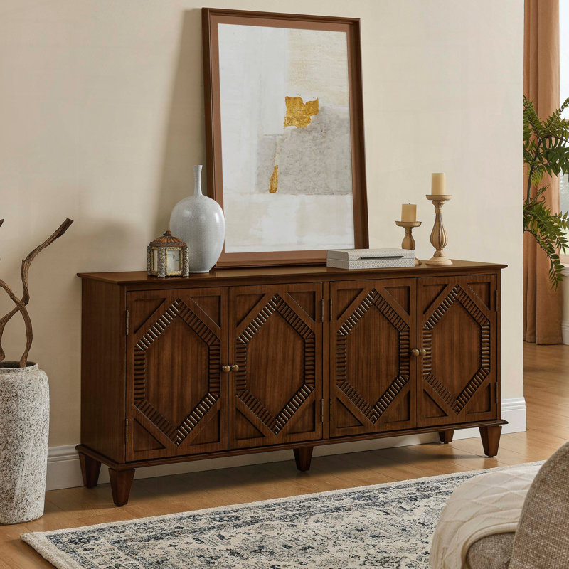 Mid Century Modern Sideboard with Symmetrical Geometric Accent, Adjustable Shelf, Walnut, Walnut
