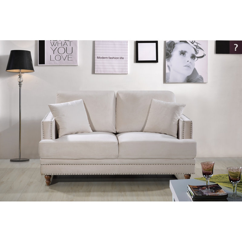 Aadi 62" Velvet Recessed Arm Loveseat, Ivory