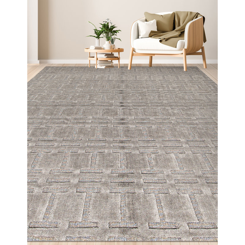 Wool Geometric Area Rug in Gray, Rectangle 8' x 9'11"