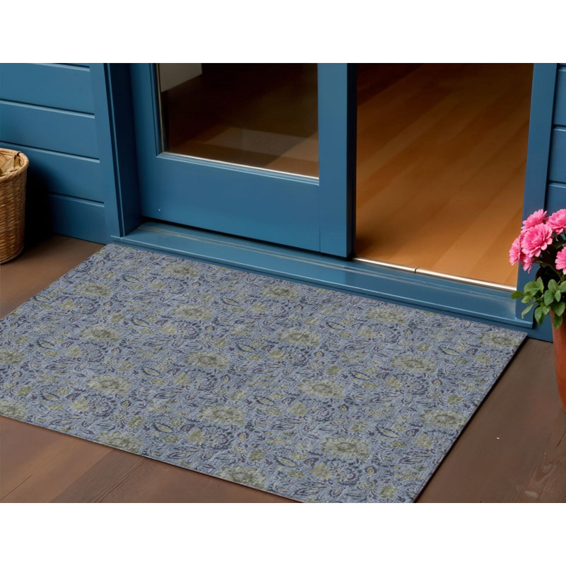 3' X 5' Denim Blue Navy Blue And Gray Floral Washable Indoor Outdoor Area Rug