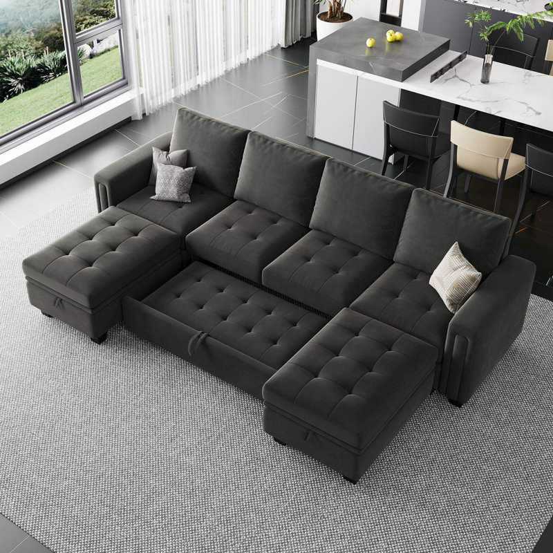 Shavera Velvet U-Shaped Sectional Couch Convertible Large Sofa Bed Sleeper With Storage Ottoman, Gray Velvet